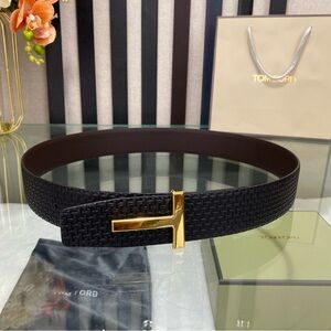 Tom Ford Textured Black Belt with Gold Buckle